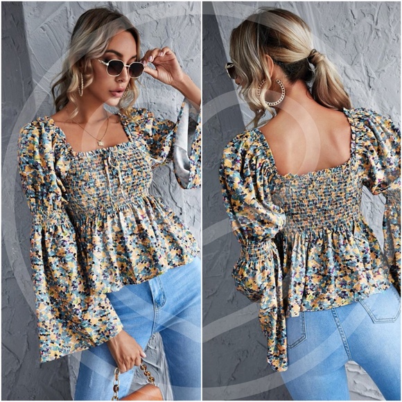 Boho Floral print babydoll bell sleeve top - Picture 3 of 4